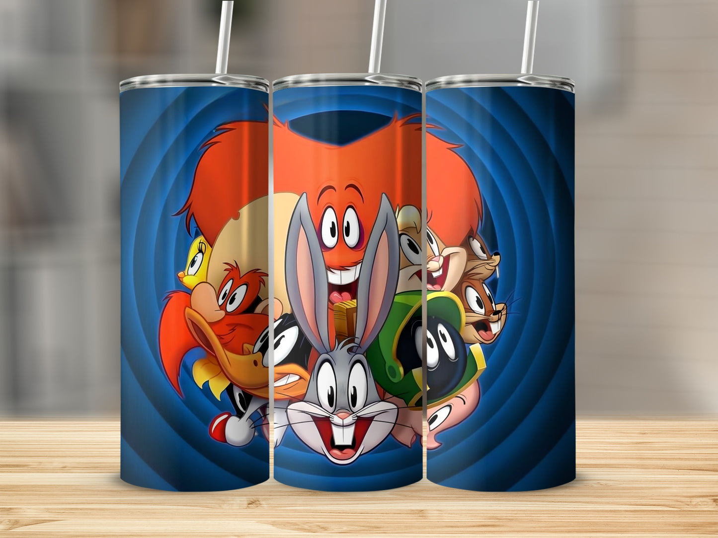 Looney Tunes Characters on Bright Blue Tumbler