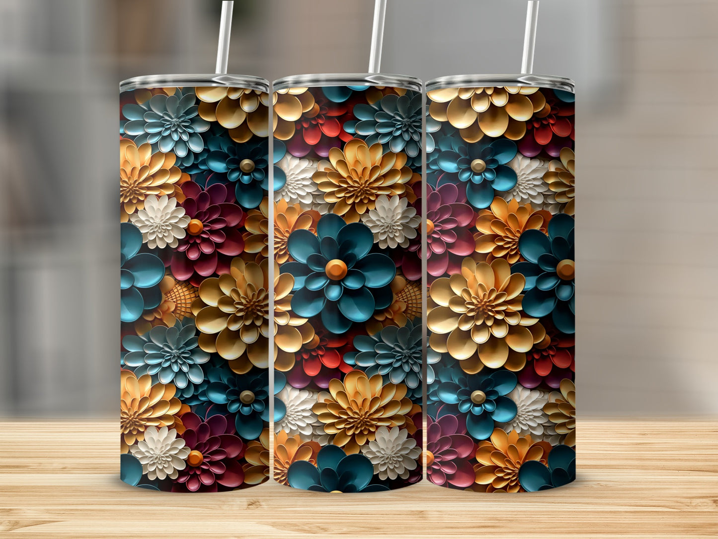Colorful Floral Pattern Insulated Tumbler Cup with Straw