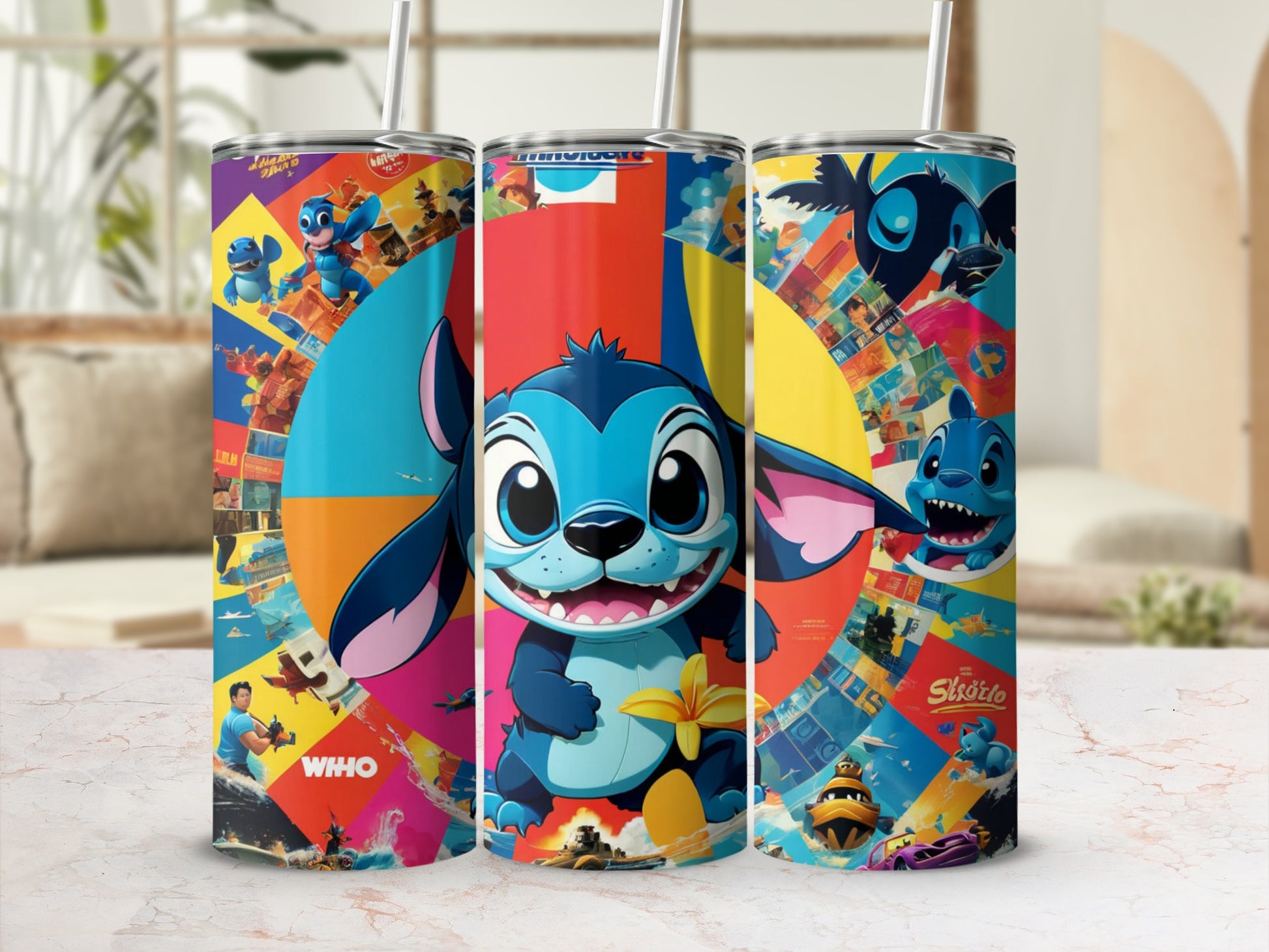Three colorful tumblers featuring Stitch with various illustrated scenes.