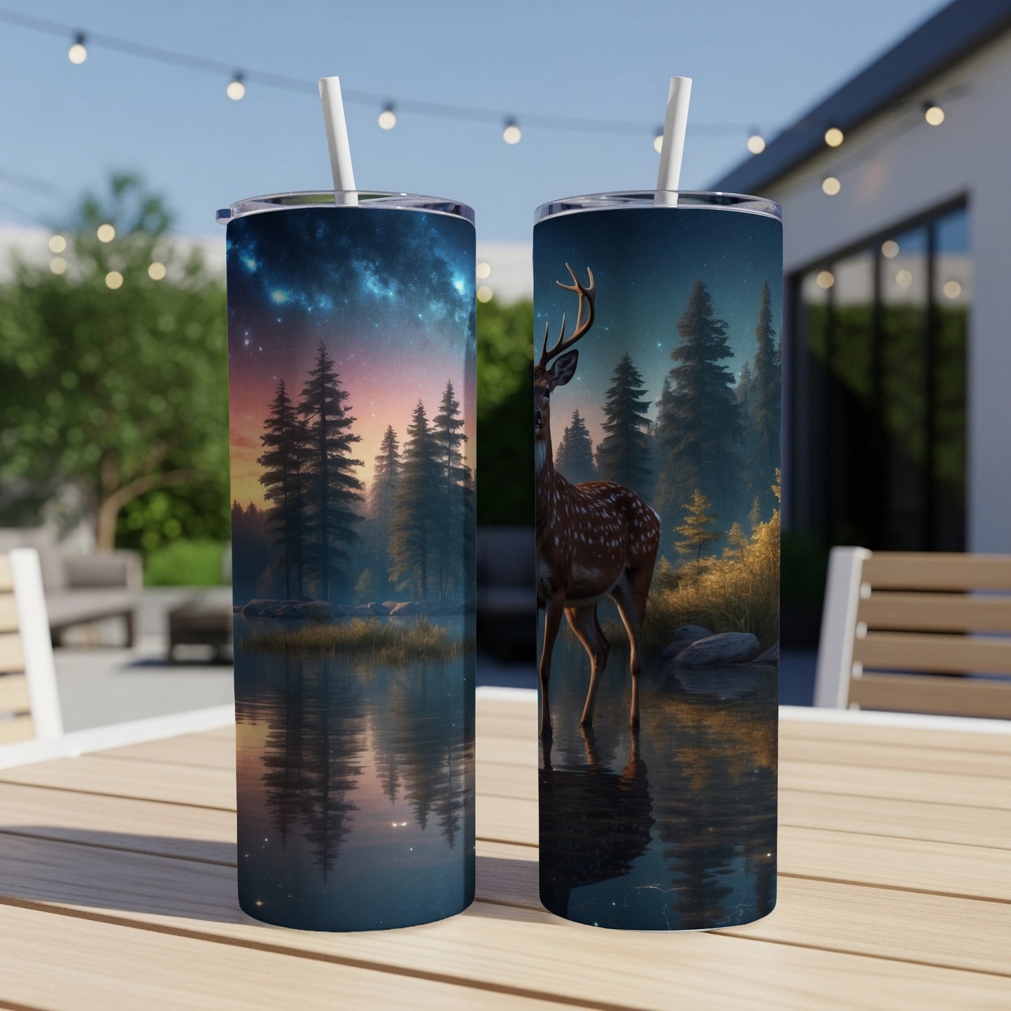 Deer in starry forest reflected on water on a double-walled tumbler.