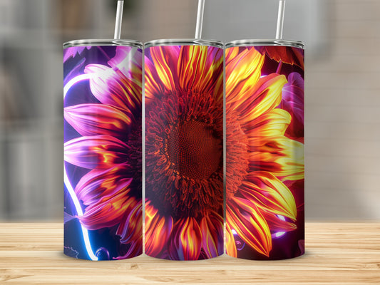 Three tumblers with a vibrant neon sunflower design.