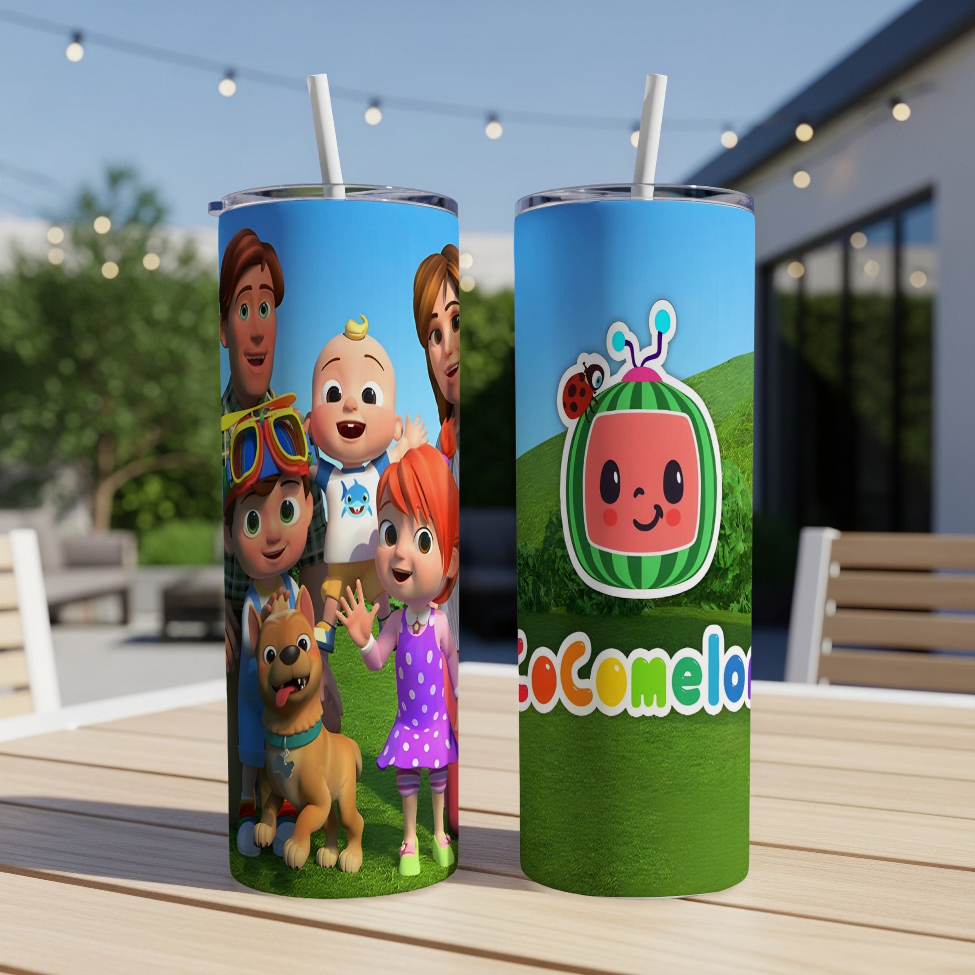 Cocomelon character tumbler with lid and straw, featuring characters and logo.