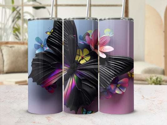 Three tumblers with a black butterfly and floral design.