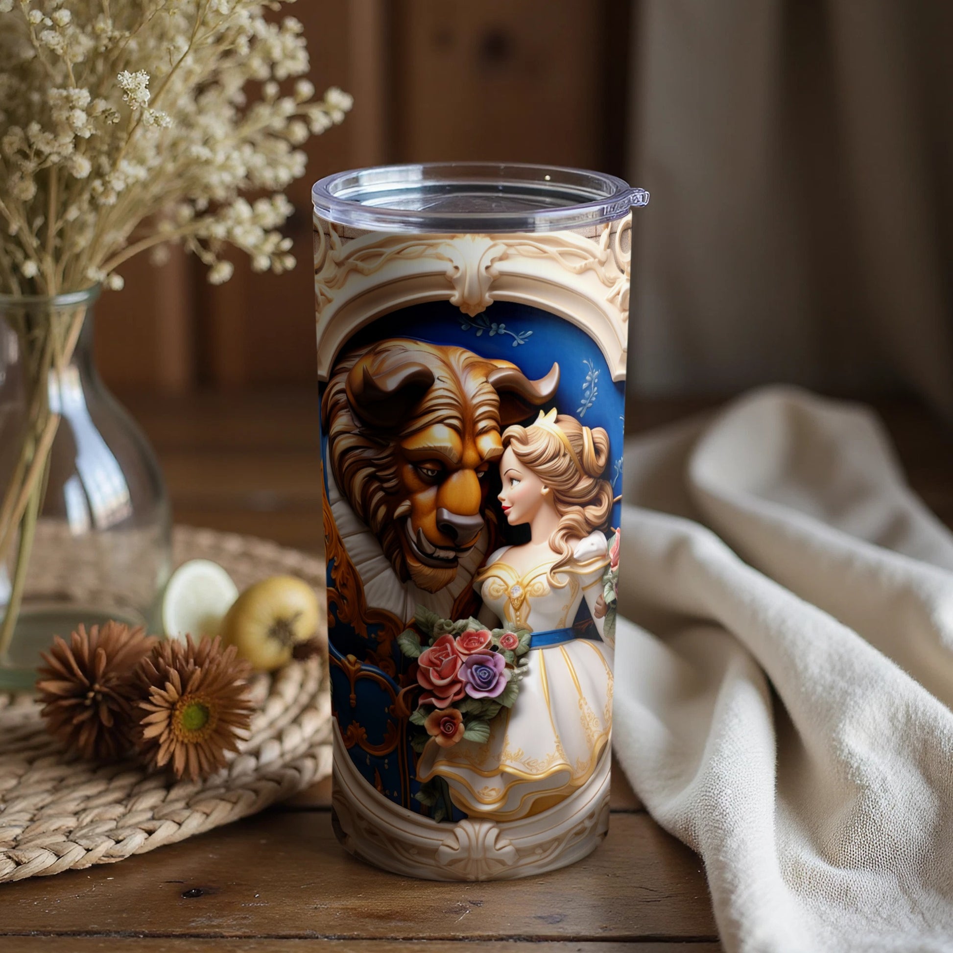 Beauty and the Beast Art Tumbler with Floral Design