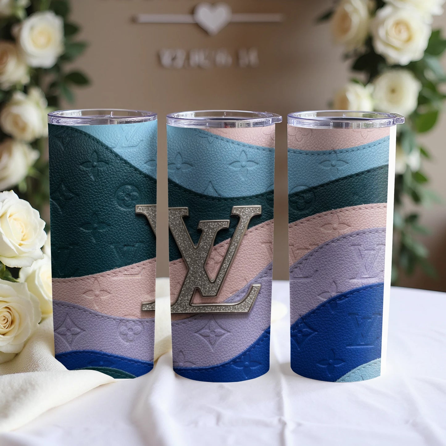 Stylish Multicolor Wave Design Tumbler with LV Logo