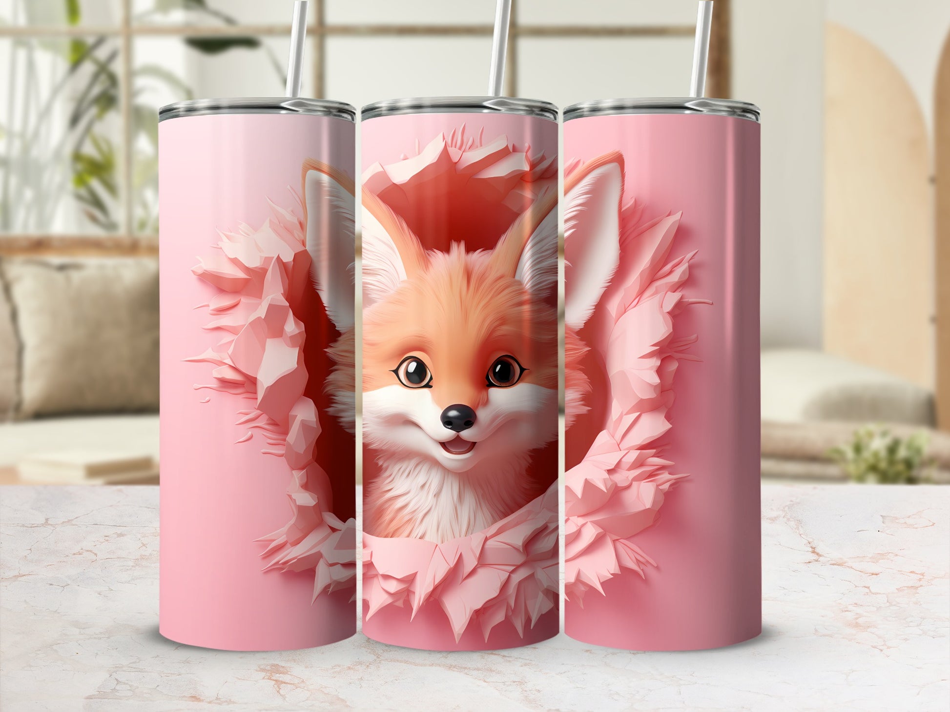 Cute Fox Design Pink Tumbler Illustration Drinkware