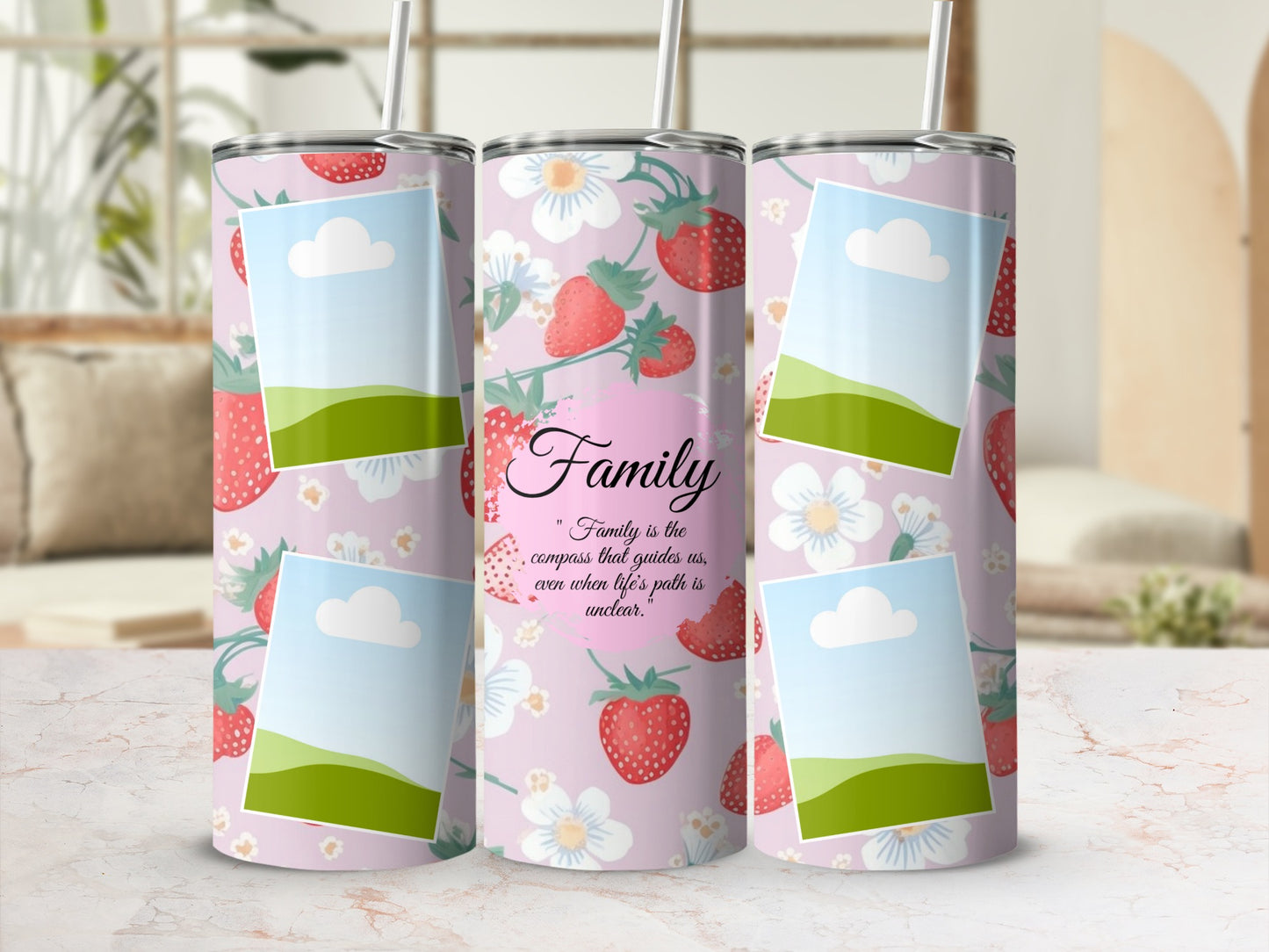 Three tumblers with strawberry and flower pattern, placeholder photo spots, and "Family" quote.