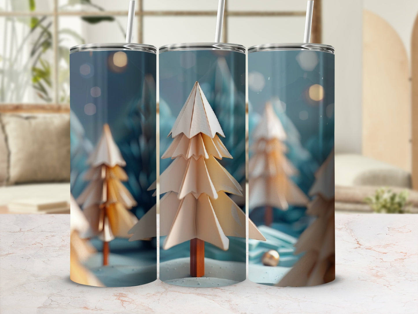 Three paper Christmas trees with bokeh background on tumblers.