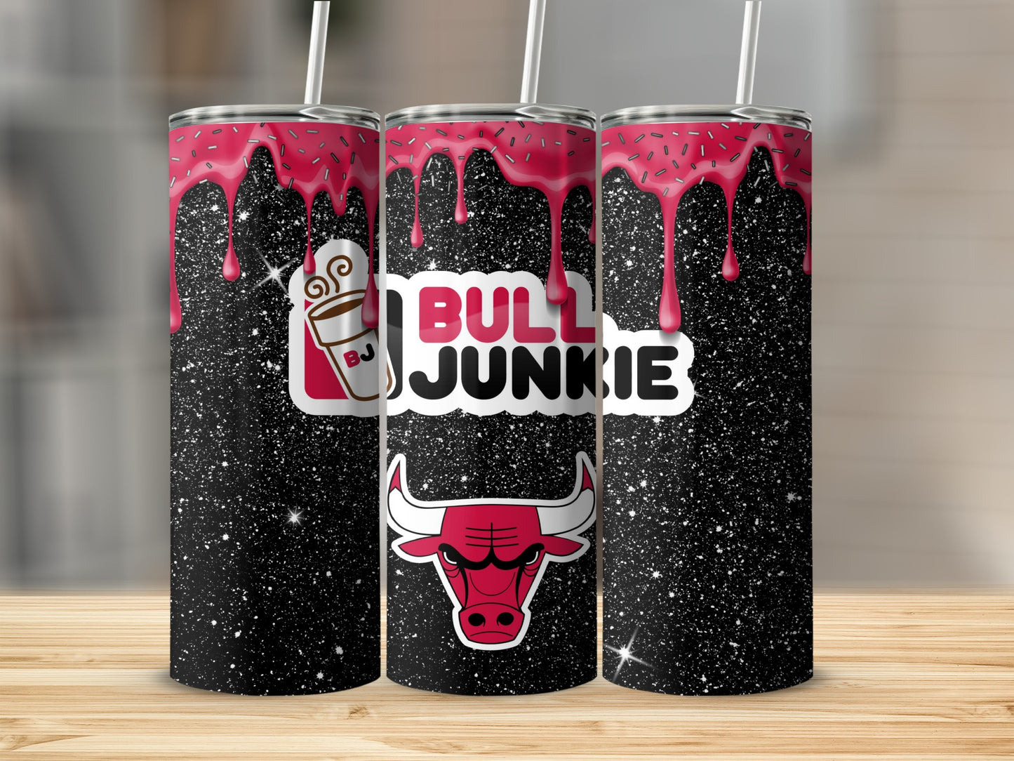 Bull Junkie Glitter Tumbler with Pink Drip Design