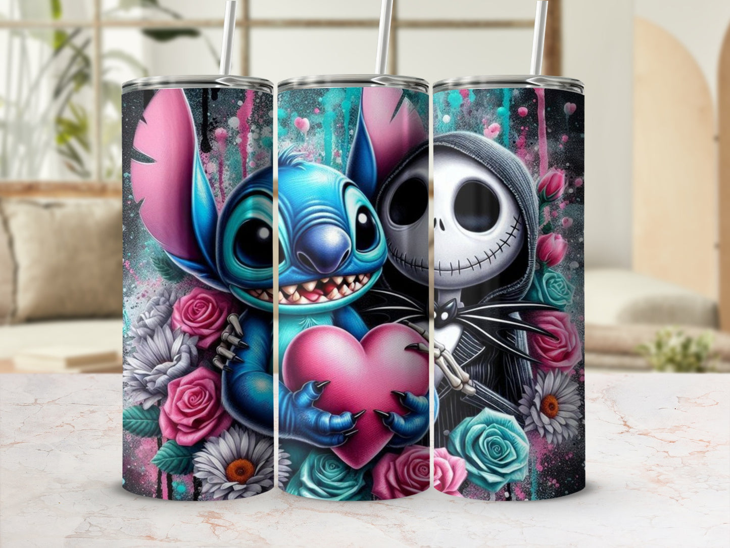 Cute Cartoon Characters Holding Heart Decorated Tumbler