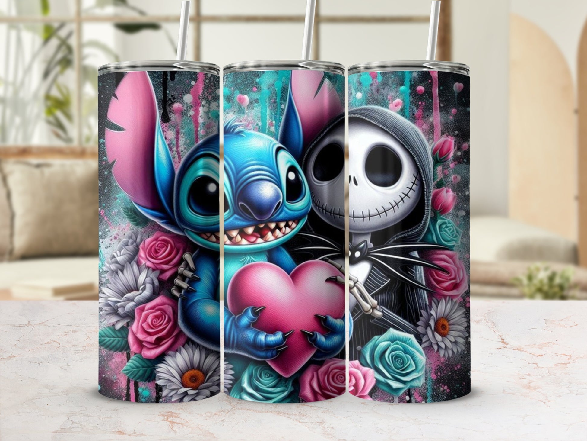 Cute Cartoon Characters Holding Heart Decorated Tumbler