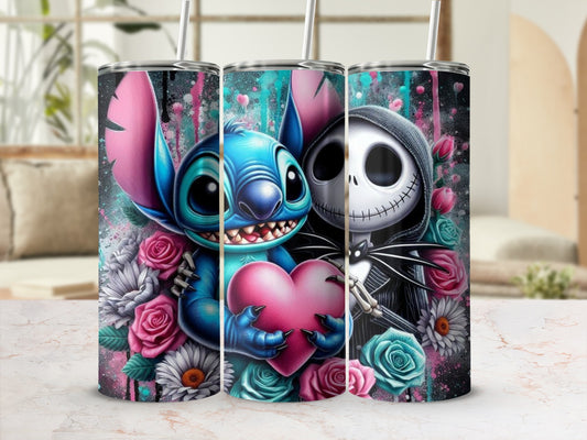 Cute Cartoon Characters Holding Heart Decorated Tumbler