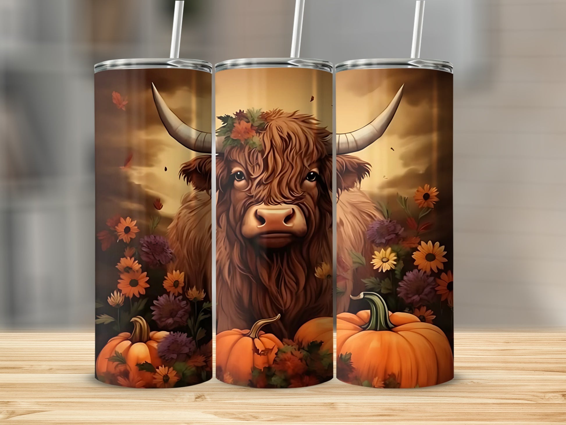 Autumn Highland Cow and Pumpkins Tumbler Product