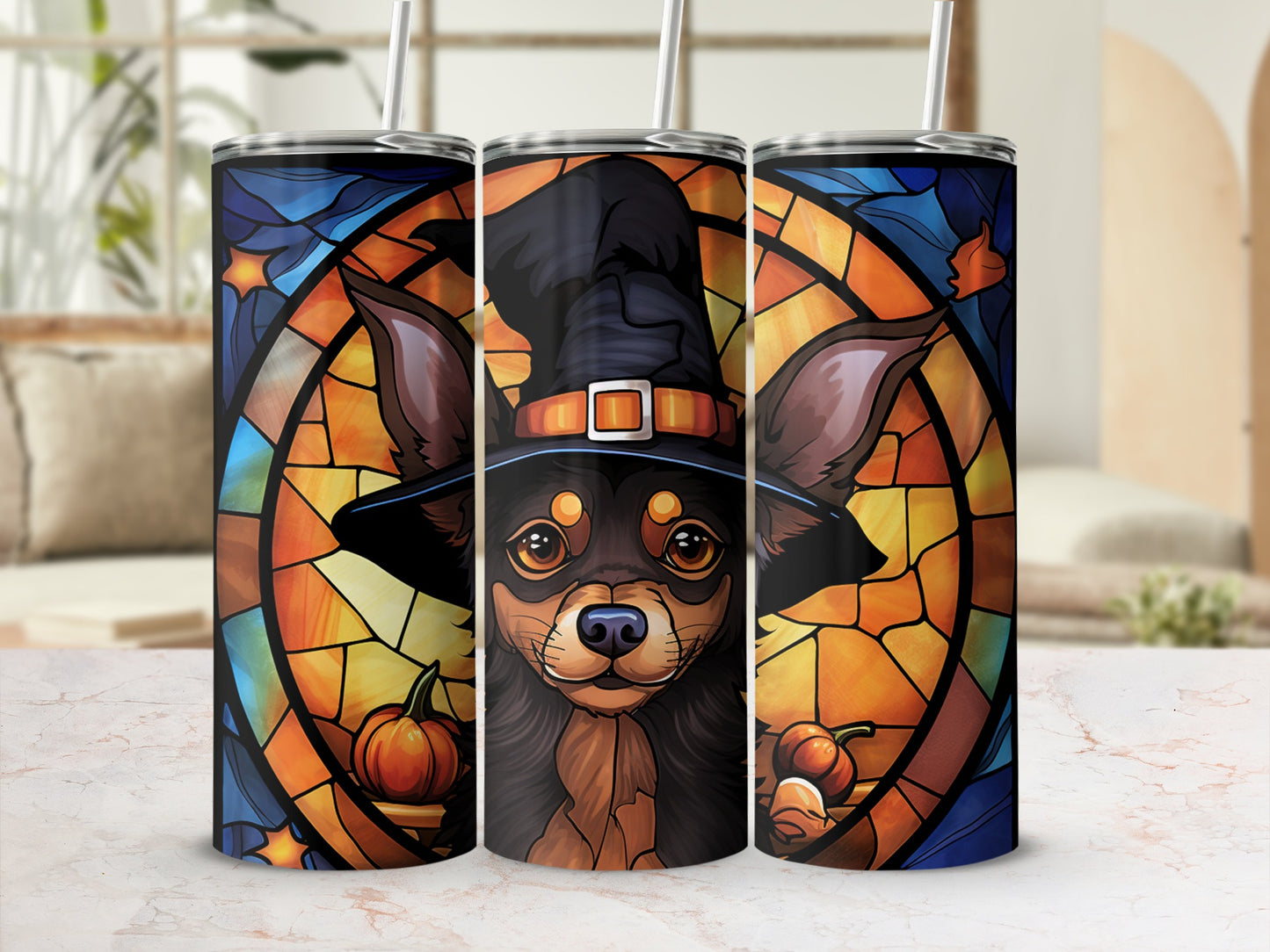 Chihuahua in witch hat with stained glass pumpkin background.