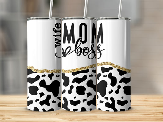 Mom Boss Wife Black and White Cow Print Tumbler
