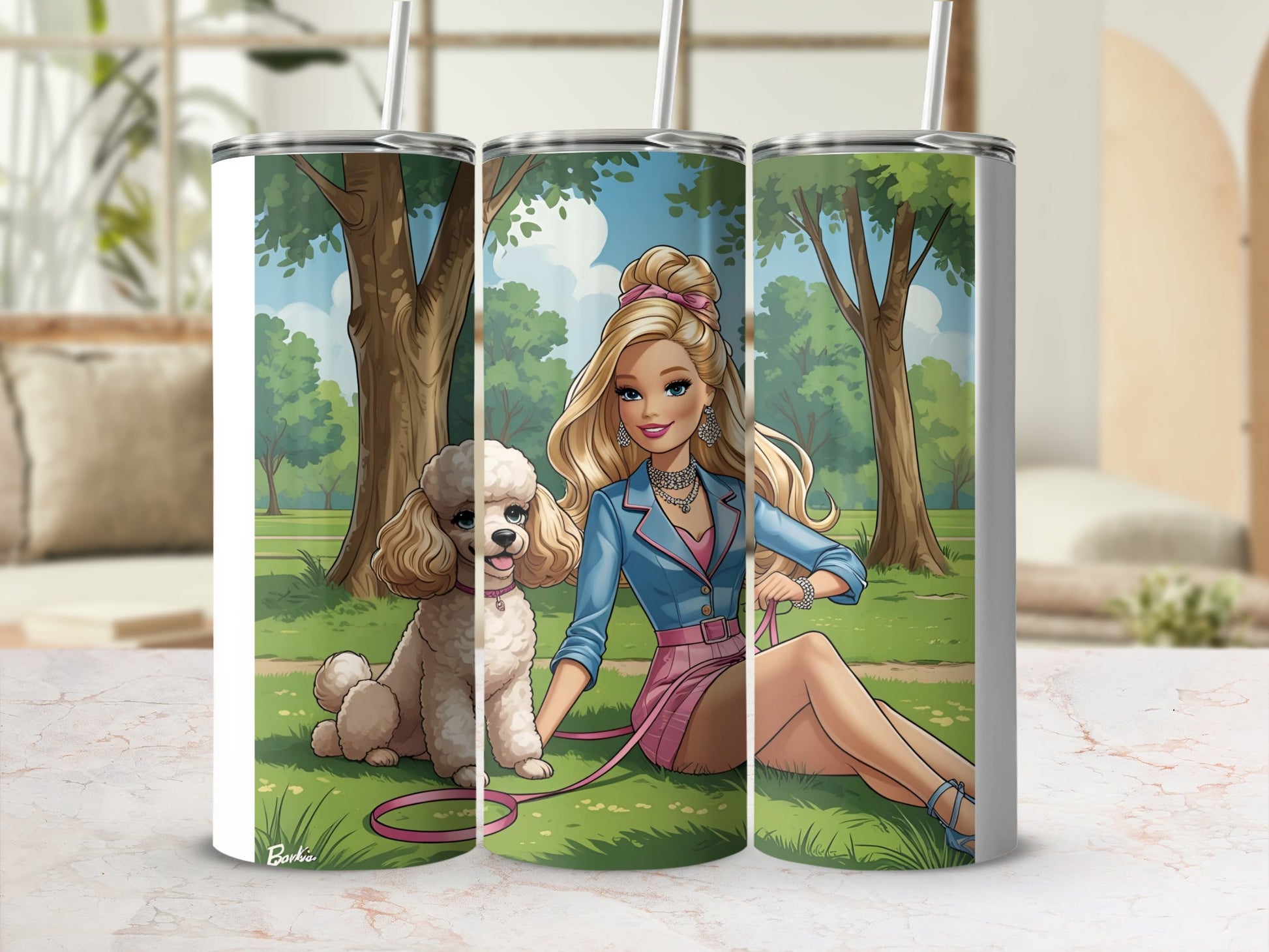 Barbie and a poodle in a park with trees and a blonde woman.