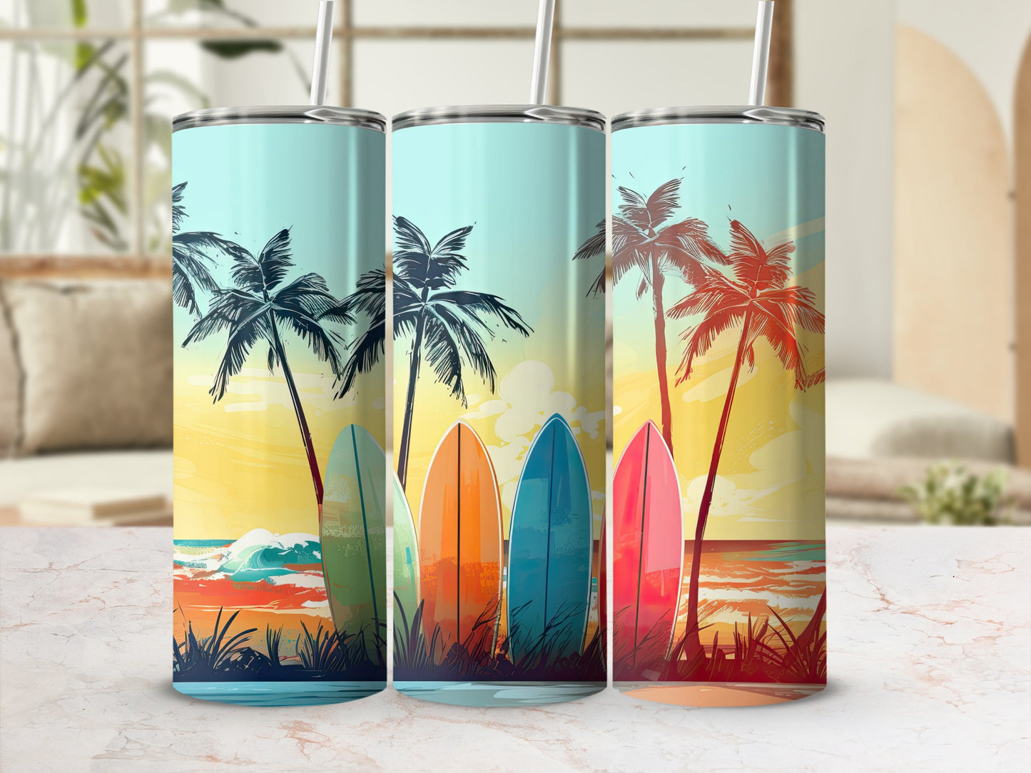 Tropical Sunset Surfboards Landscape Illustration Tumbler