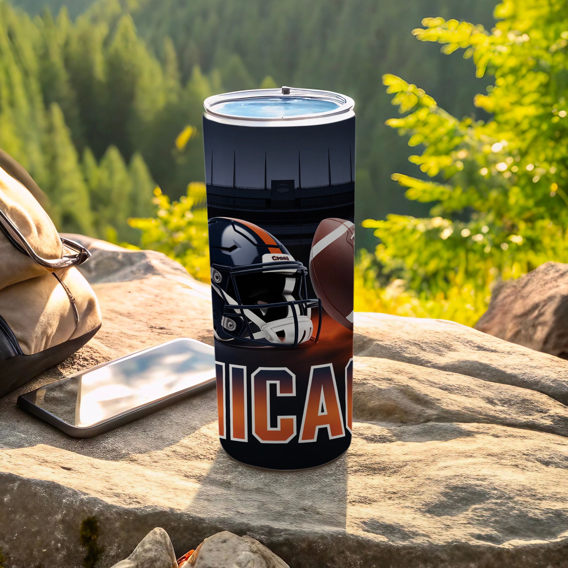 Chicago Bears helmet and football on a tumbler.