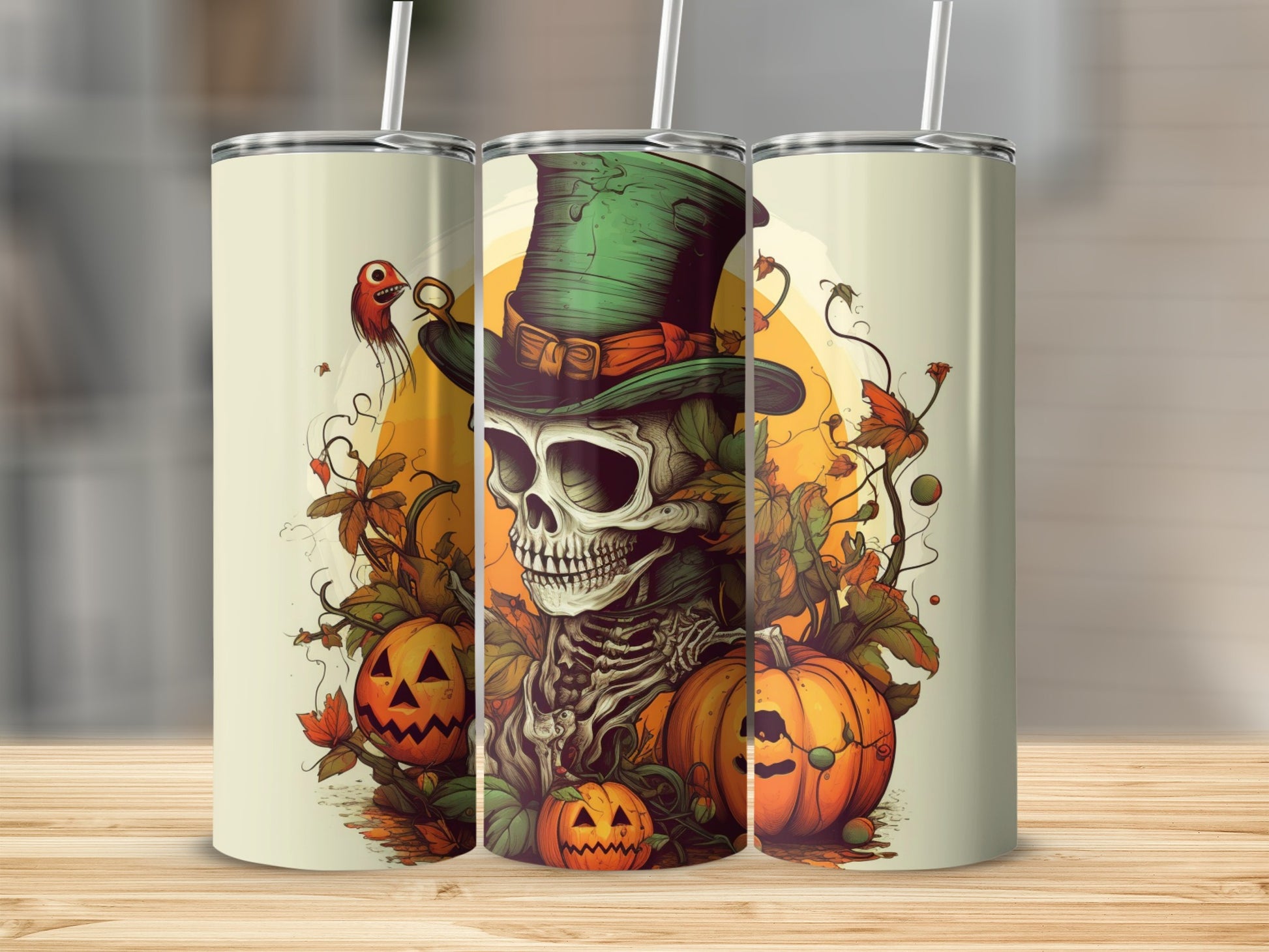 Vintage Halloween Skull Pumpkin Artwork Tumbler