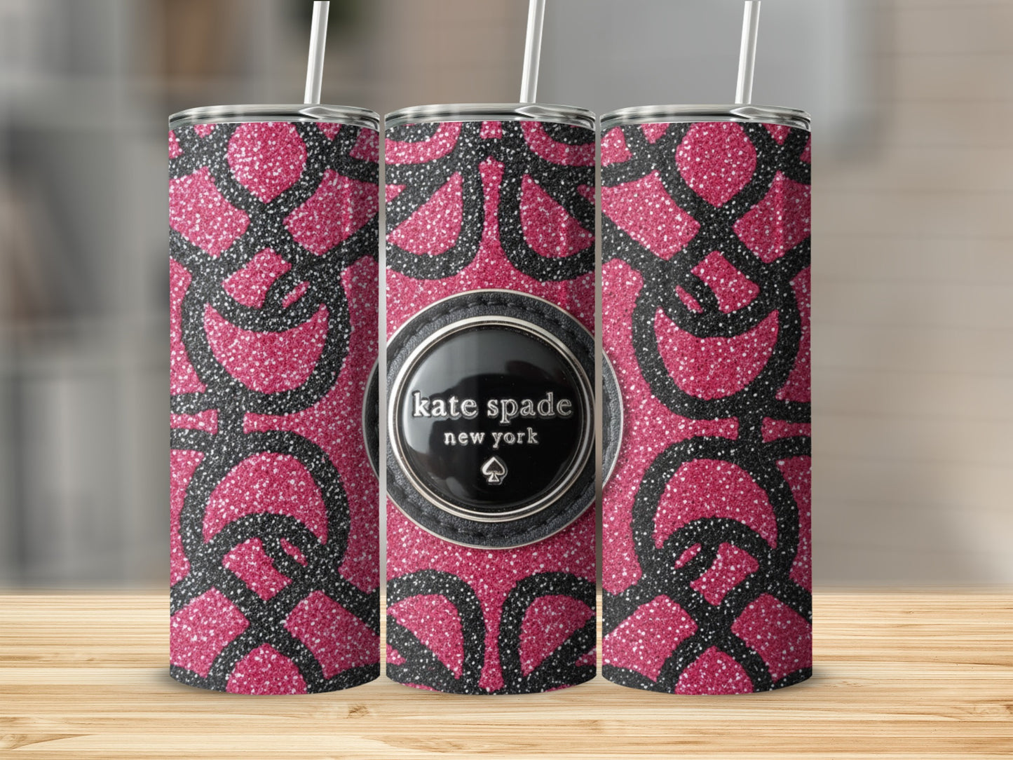 Inspired By Fabulous Kate Spade Logo Floral Glitter Hot Pink Black Tumblers