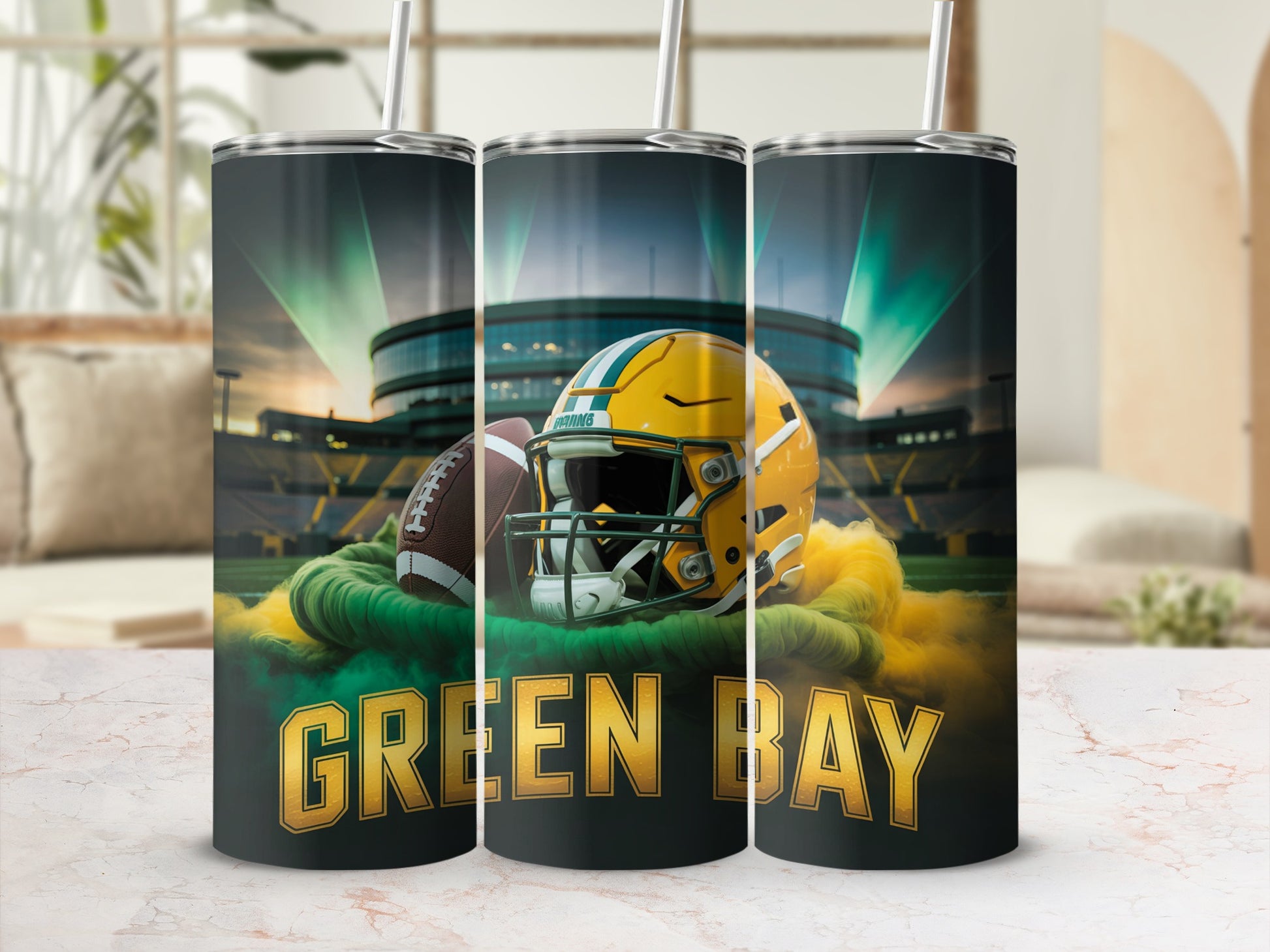 Green Bay Packers helmet and football surrounded by green and yellow smoke.