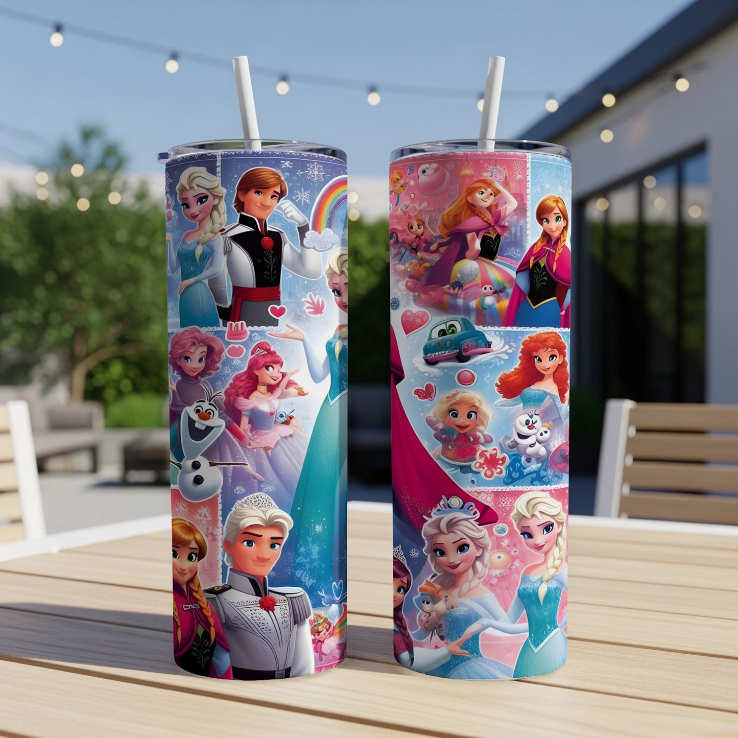 Two Disney Frozen character tumblers on outdoor table with blurred background.
