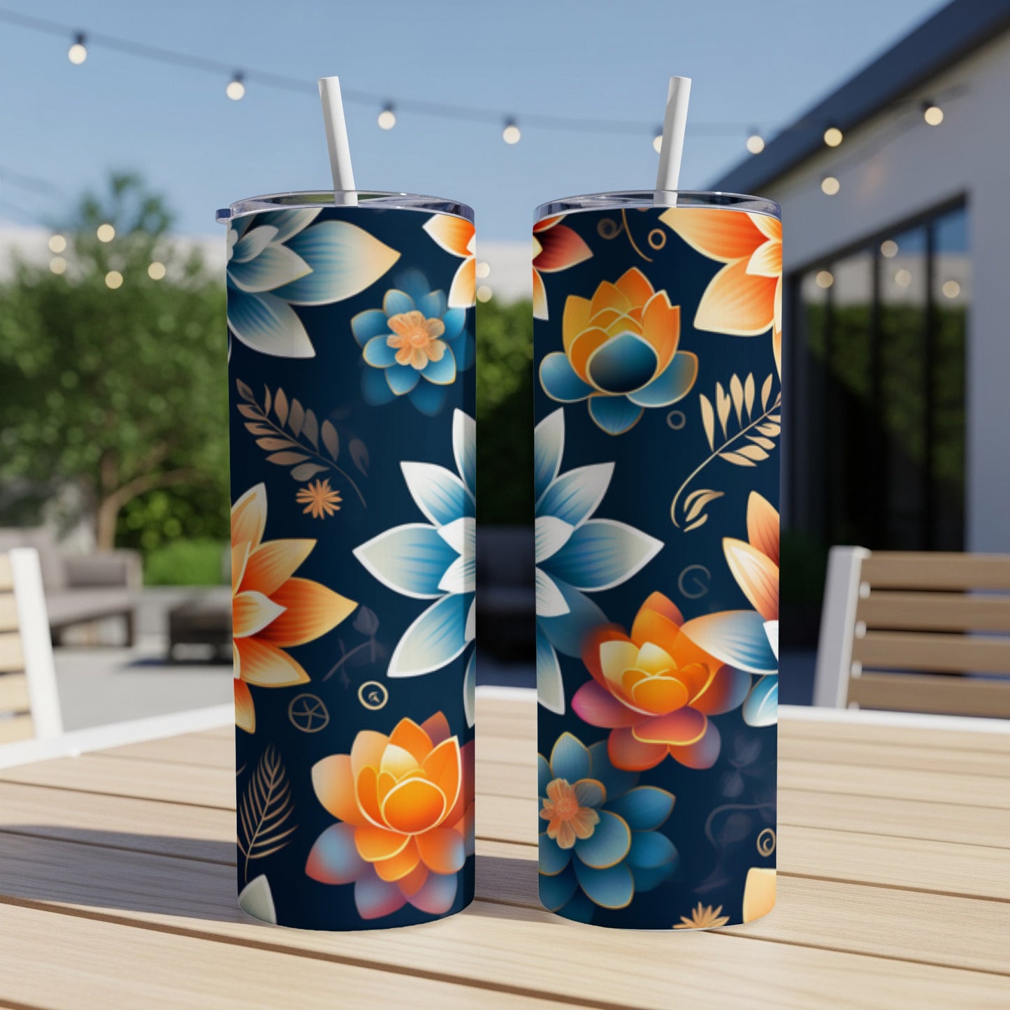 Two tall tumblers with a floral pattern on an outdoor table.