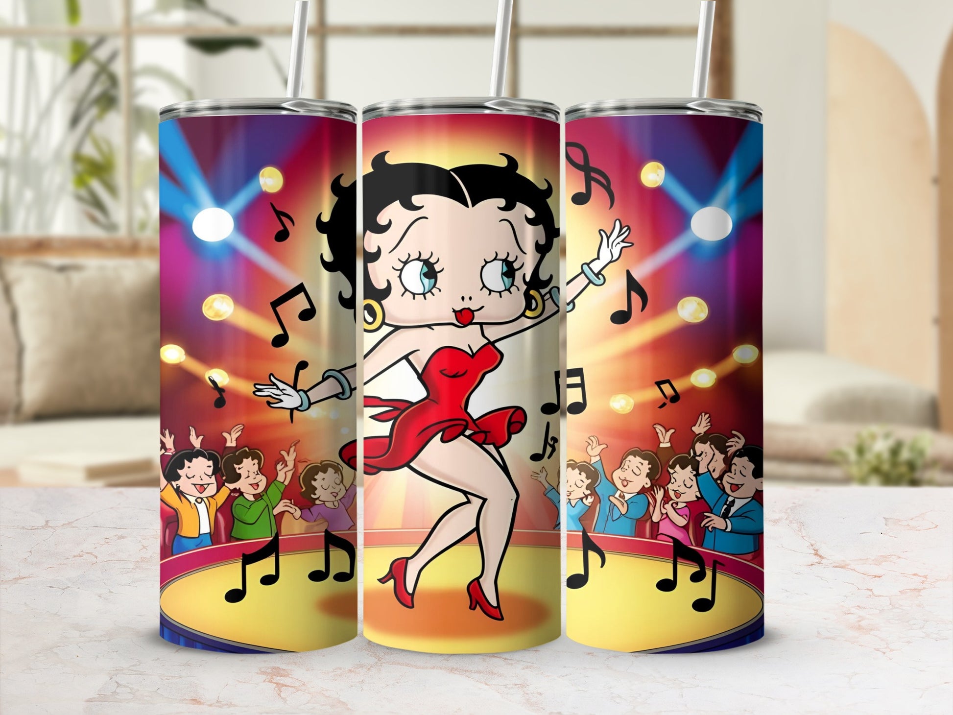 Betty Boop dancing on stage with animated characters and musical notes.