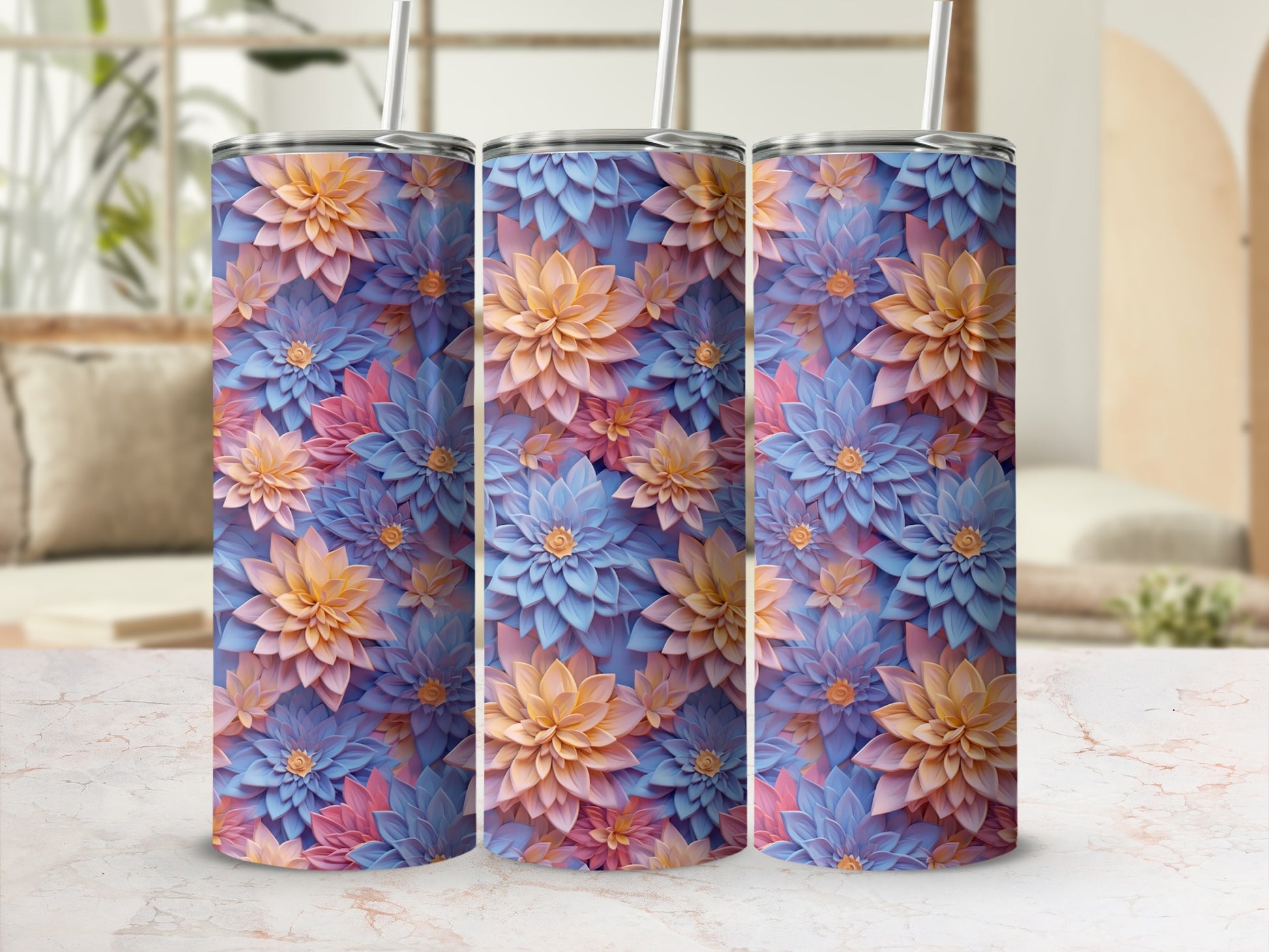 Vibrant Floral Patterned Tumblers with Straws Drinkware Set
