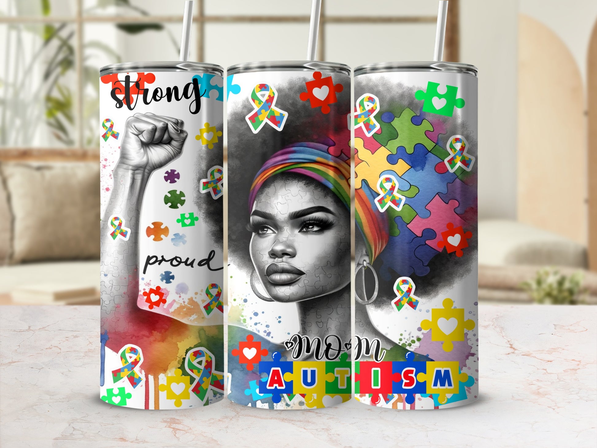 Tumbler with woman and autism puzzle pieces, "Strong Proud Mom Autism".
