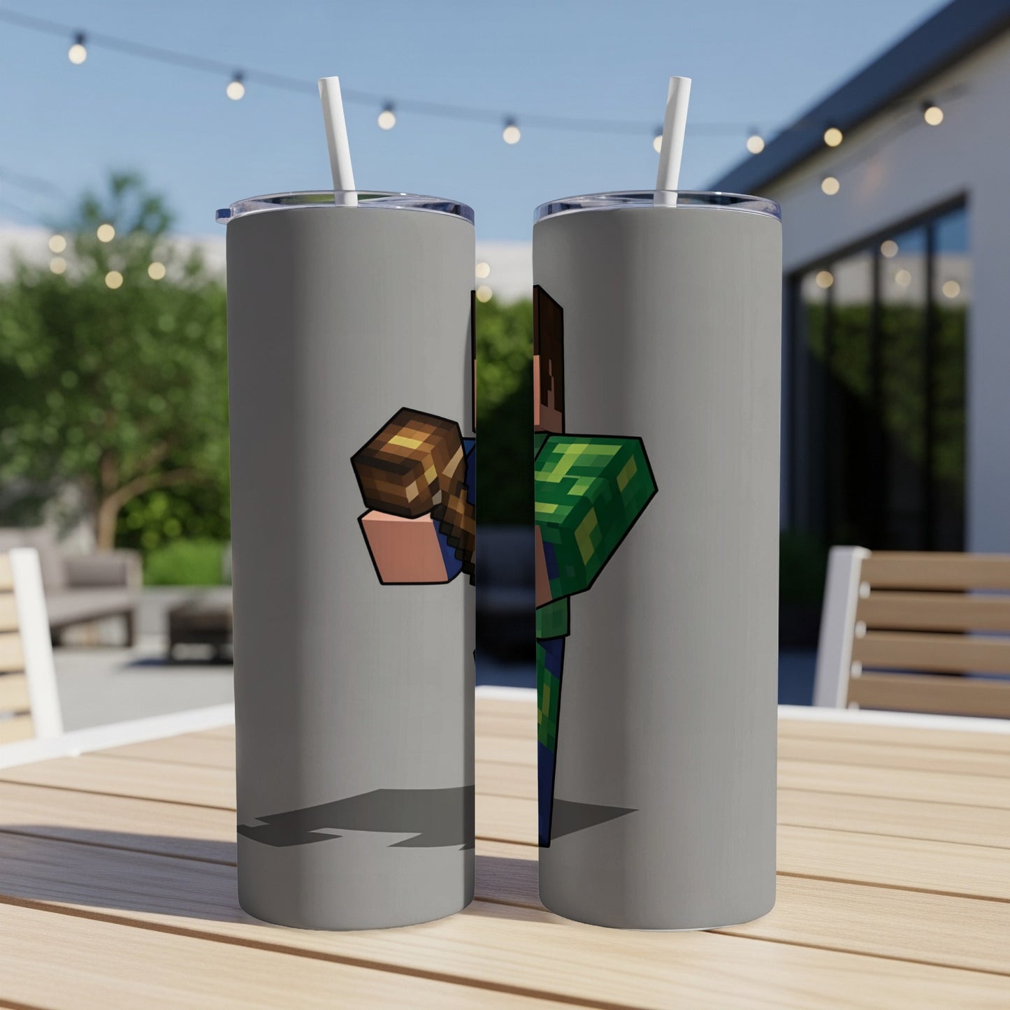 Two Minecraft characters with pixelated designs on gray tumblers.