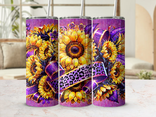 Purple tumbler with sunflowers and leopard print ribbon.