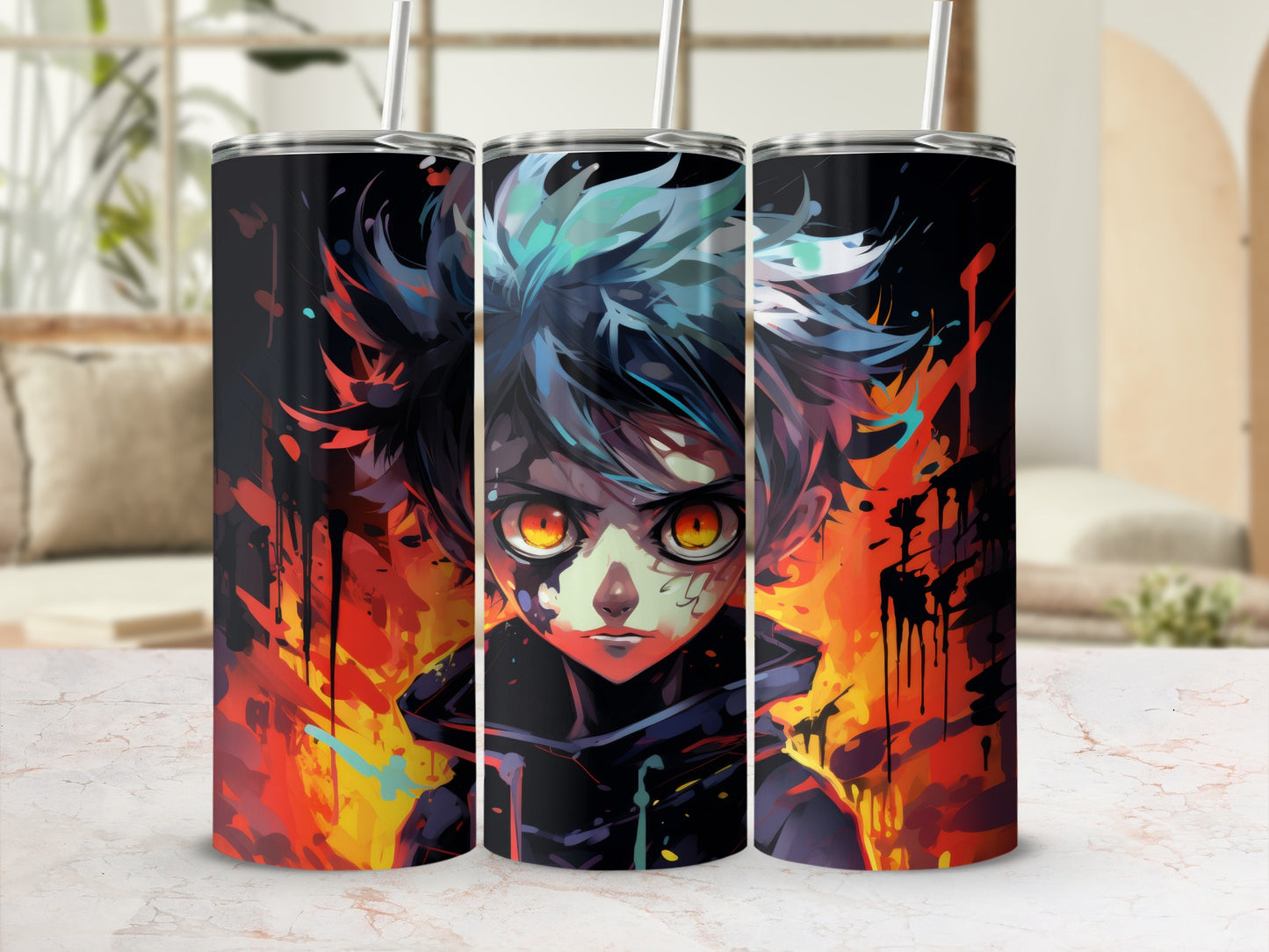Three tumblers featuring an anime character with fiery orange eyes and blue hair against a dark, abstract background.