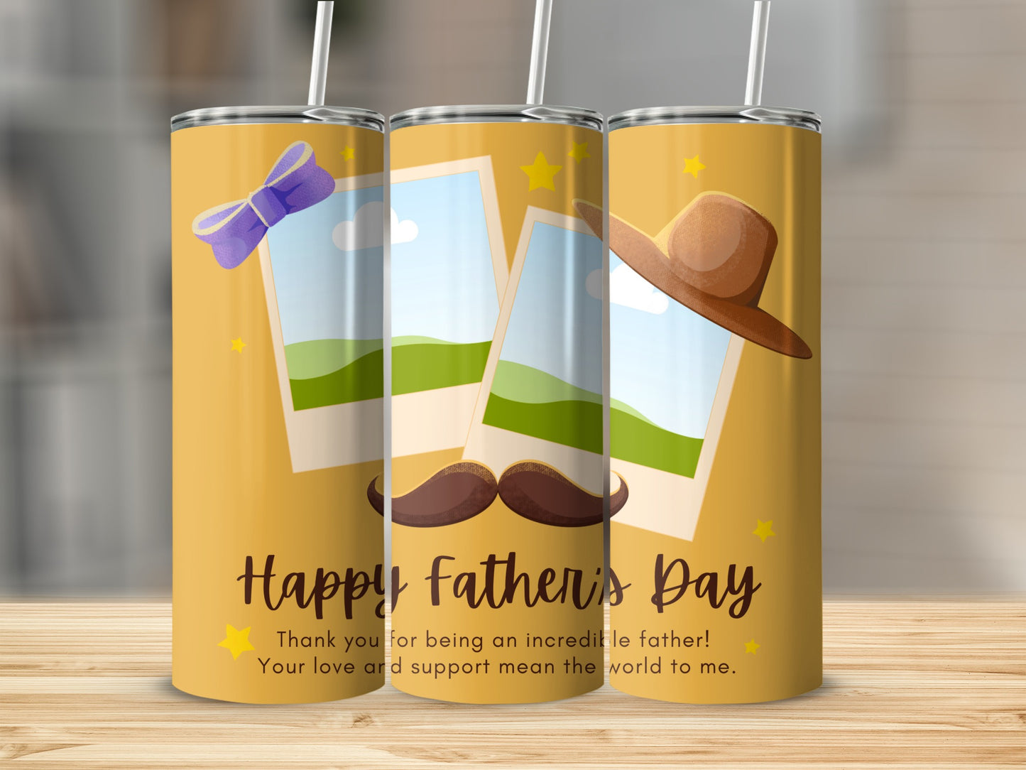 Tumblers with Happy Father's Day text, photos, bow, mustache, and hat.
