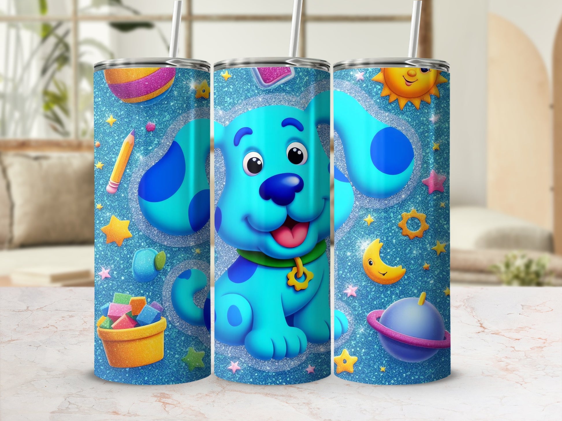 Blue Dog Cartoon Themed Colorful Glitter Tumbler