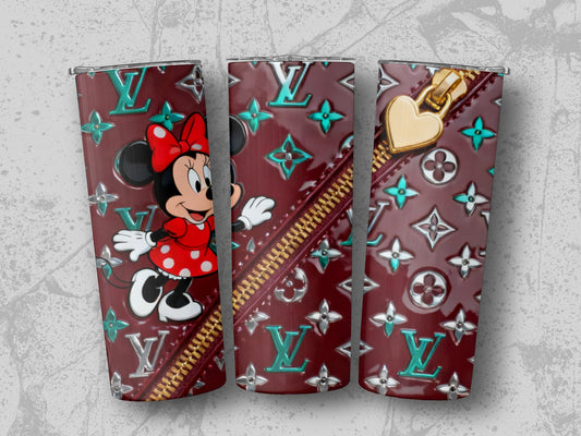 Minnie Mouse on maroon Louis Vuitton print tumbler with gold zipper.