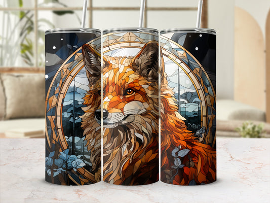 Triptych of a fox in a stained-glass circle with floral accents.