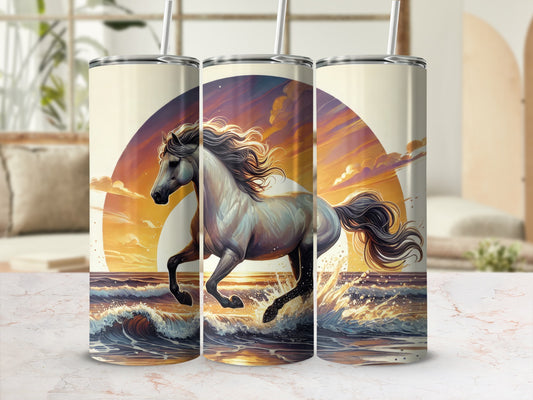 White horse galloping through waves at sunset, sunset design.