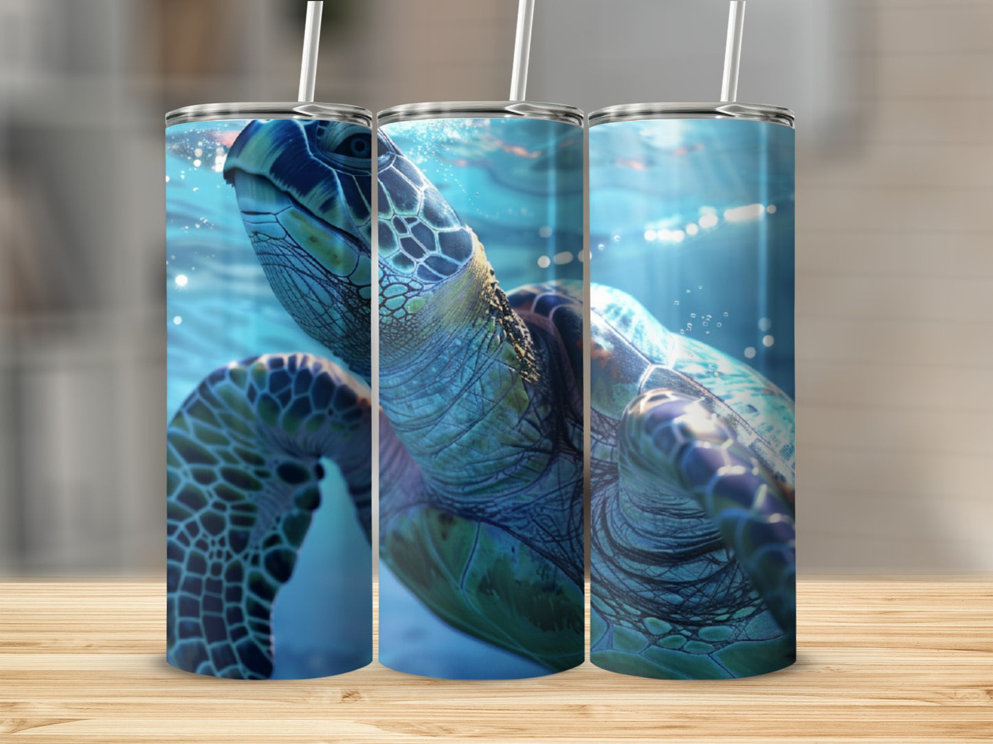 Sea turtle swimming underwater with sunlight filtering through water.