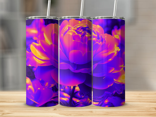 Three tumblers with vibrant purple and yellow floral pattern.