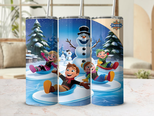 Frozen characters sledding on ice with Olaf in background.