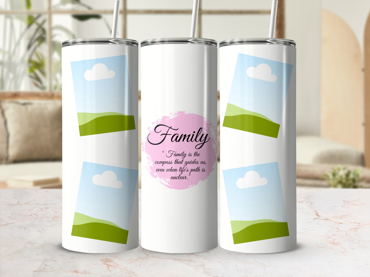 White tumbler with landscape photos and "Family is the compass" quote.