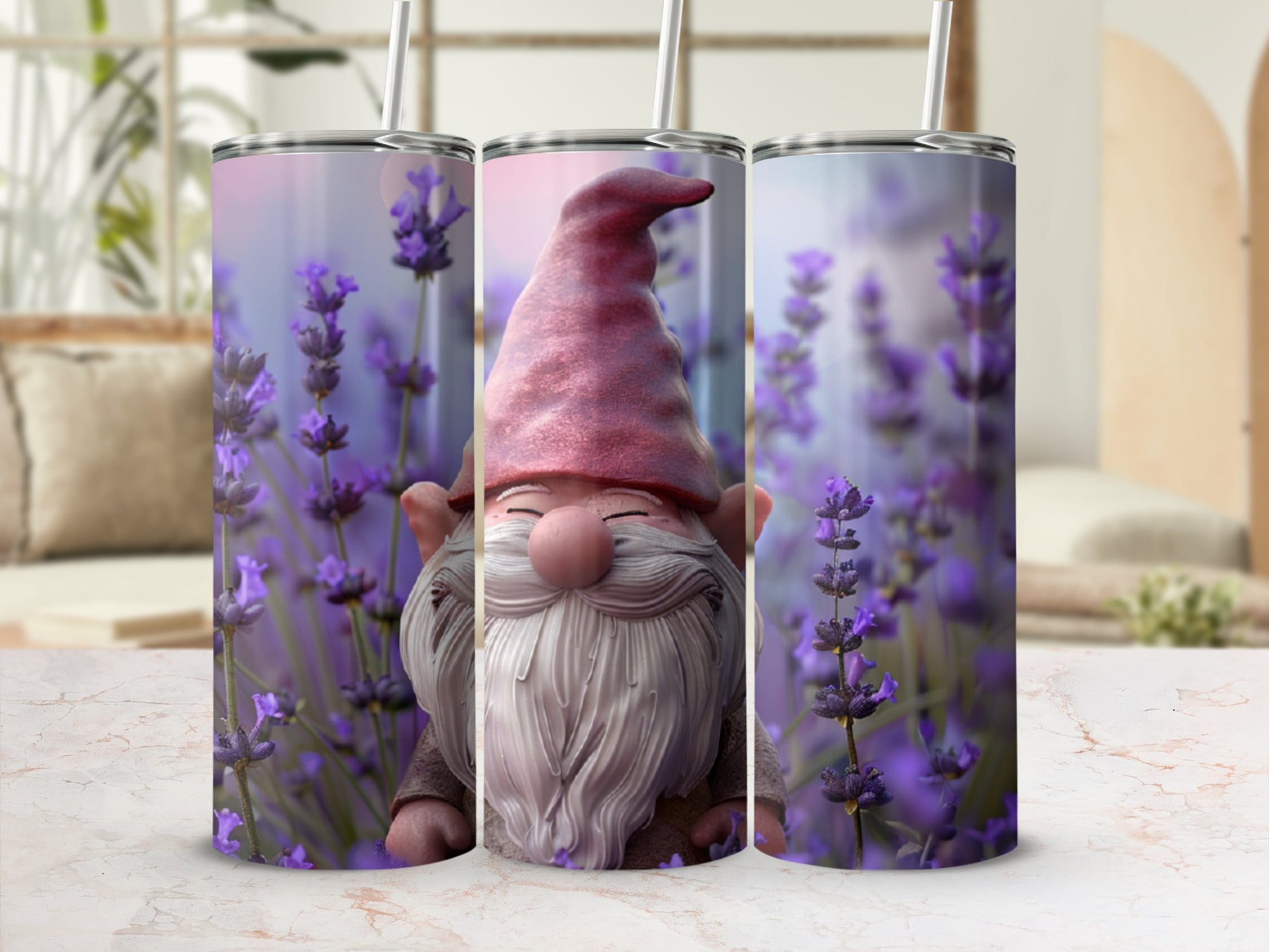 Gnome with pink hat and white beard against a blurred lavender background.