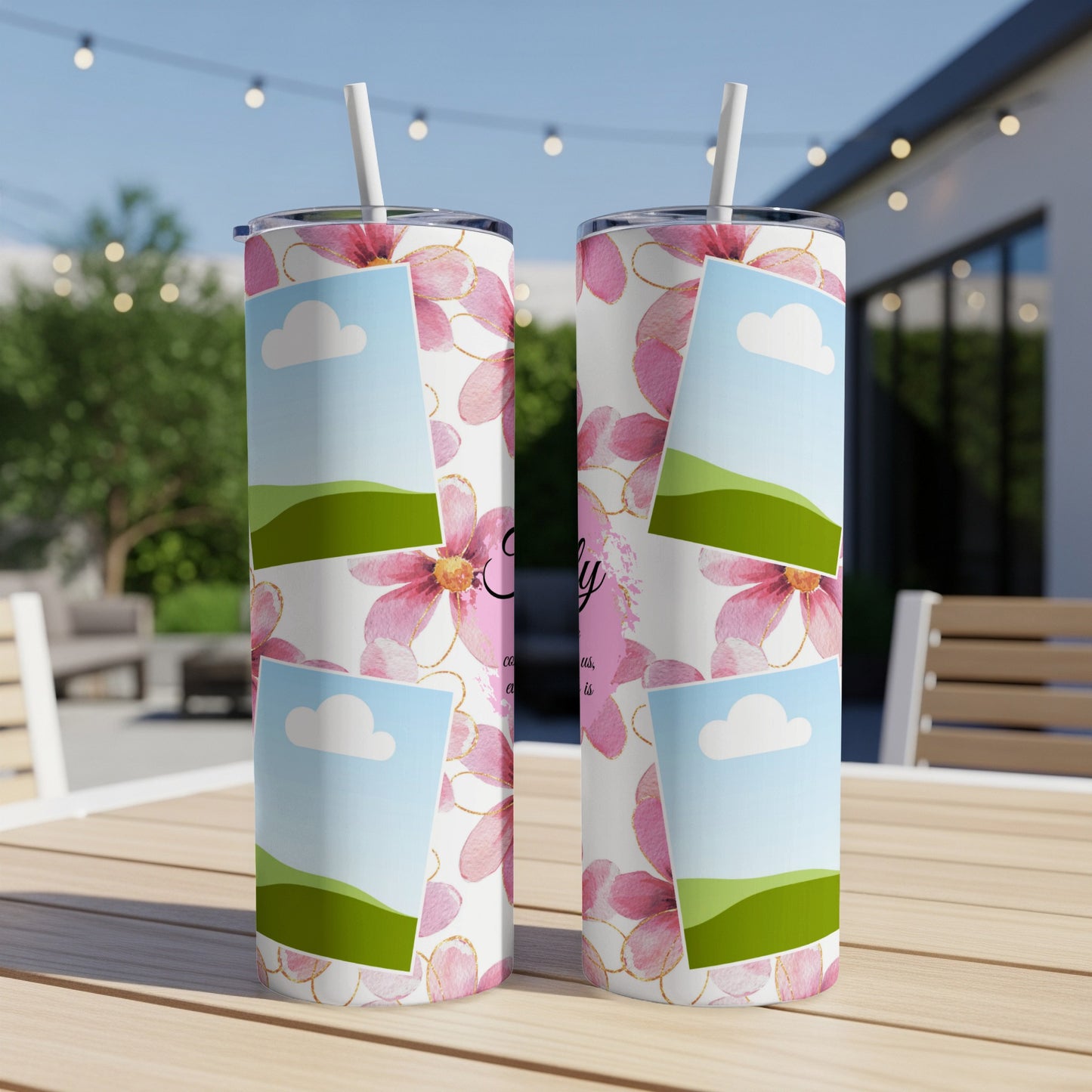Pink floral tumbler with photo placeholders and text "Emily"