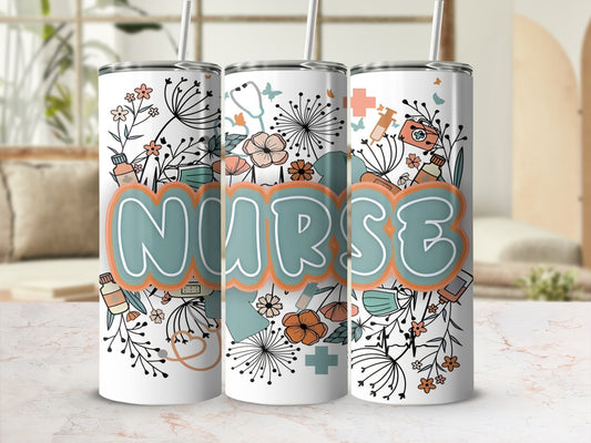 White tumbler with "Nurse" text and medical and floral illustrations.