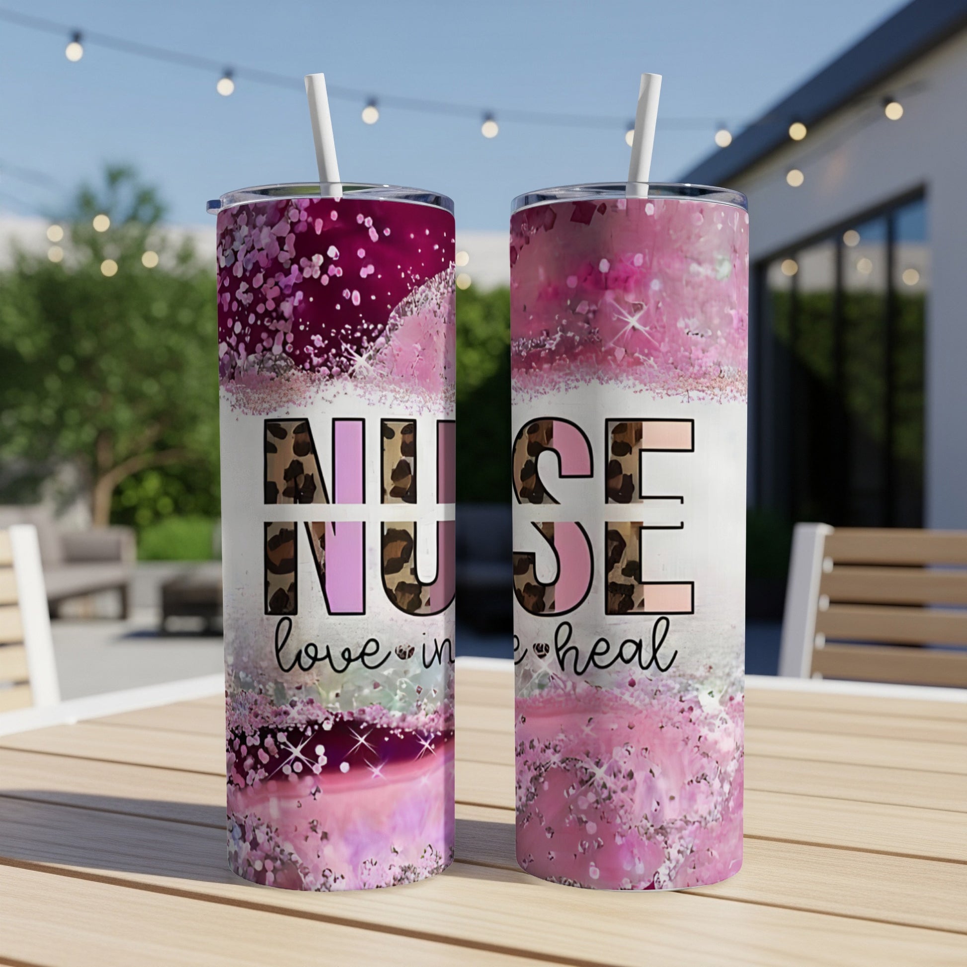 Two tall tumblers with "Nurse love to heal" text and pink glitter design.
