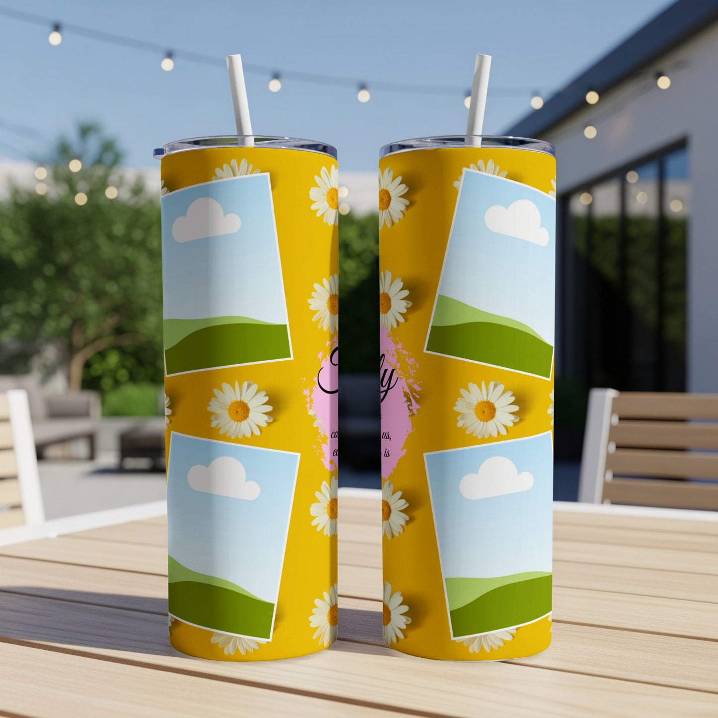 Yellow tumblers with daisies, landscape images, and text "Family".