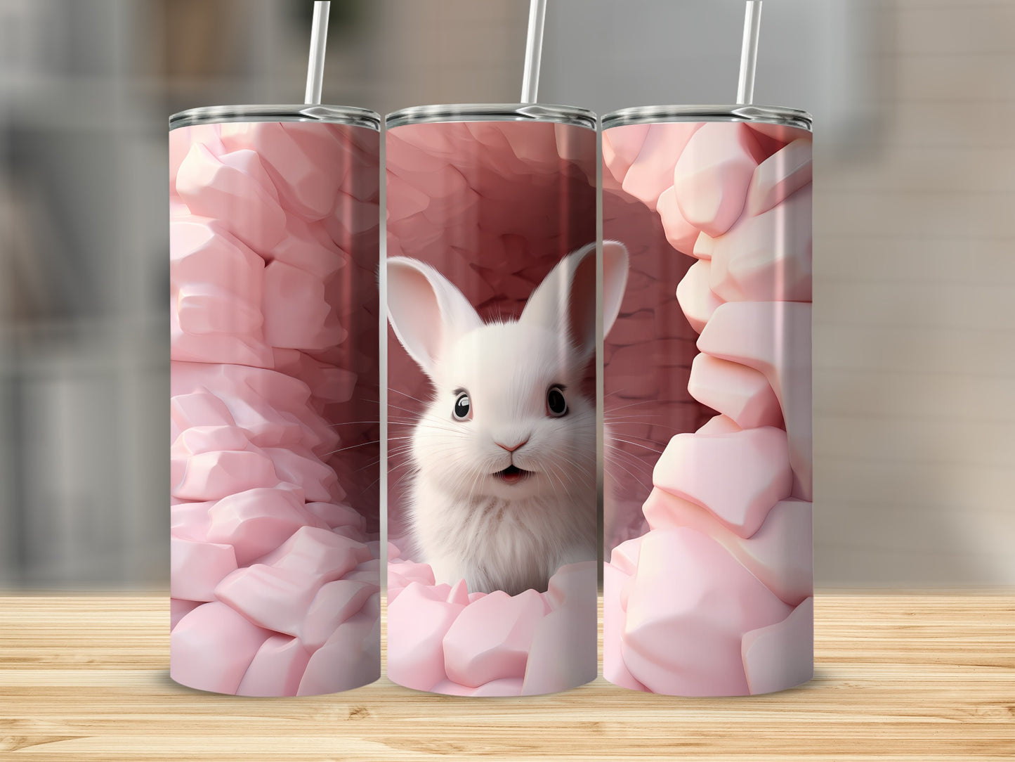 Cute White Bunny Surrounded by Pink Rocks Tumbler