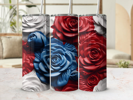 Three tumblers with a red, white, and blue rose floral design.