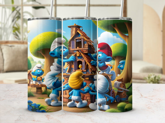 Smurfs building a house together in a sunny meadow.